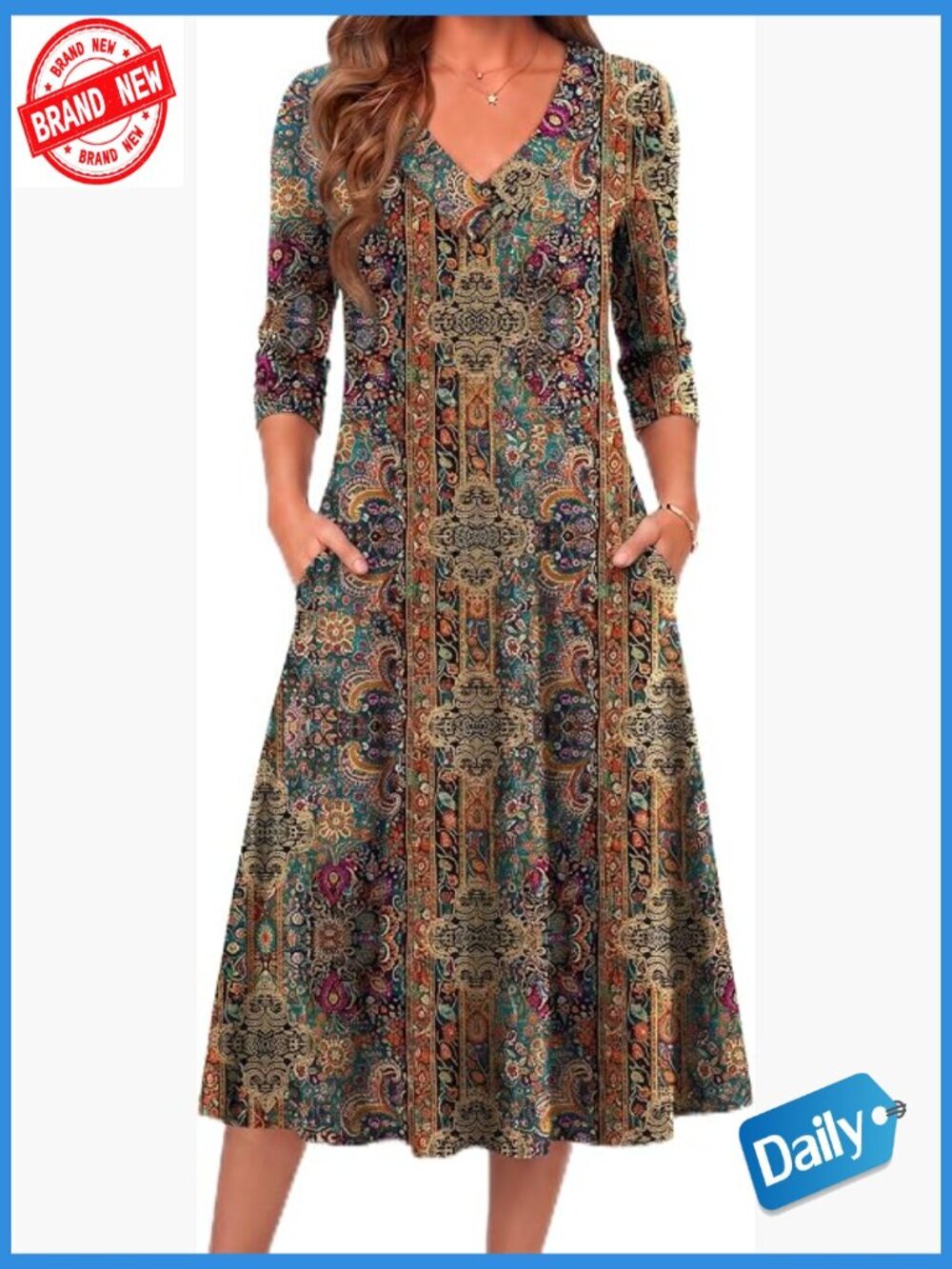Long Sleeve Midi Dress V Neck A-Line Flare Dress with Pockets